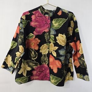 Chico's Black Floral Button-Down Shirt with Pink, Orange & Yellow Blooms